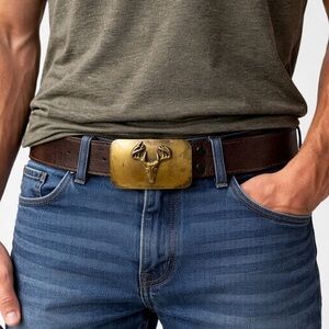 Columbia Sportswear Vintage Brown Men's Leather Belt with Deer Brass Buckle